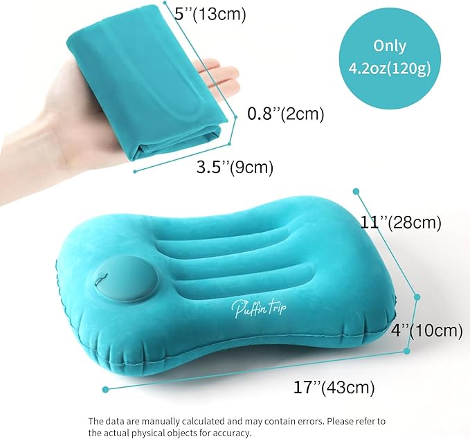 Ultralight Inflatable Travel Pillow Press to Inflate Compressible Ergonomic Neck and Lumbar Support While Camping Driving Sleeping Grey