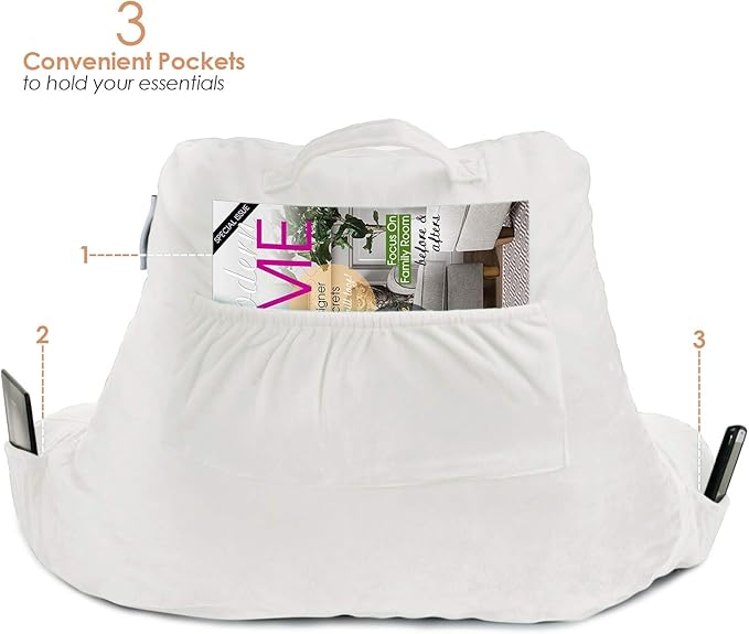 Nestl Reading Pillow Standard Bed Pillow, Back Pillow for Sitting in Bed Shredded Memory Foam Chair Pillow, Reading & Bed Rest Pillows White Back Pillow for Bed, Bed Chair Arm Pillow with Pockets
