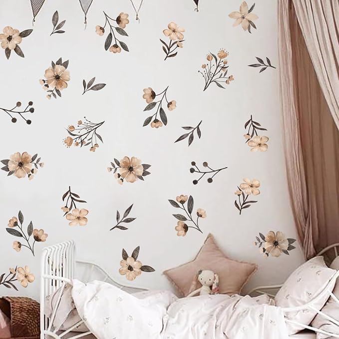 Boho Flower Wall Decals，Watercolor Flower Wall Art，Wildflower Wall Decals，Girls Bedroom Removable Wall Decals，Nursery Kids Room Decor Vinyl Murals DIY Cute Decorations (Boho Flower Wall Decals)