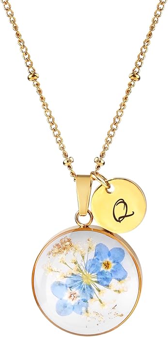 Handmade Pressed Forget-Me-Not Flower Initial Necklace - Real Flower Resin Pendant - Personalized Floral Jewelry Gift for Women - Elegant Botanical Keepsake