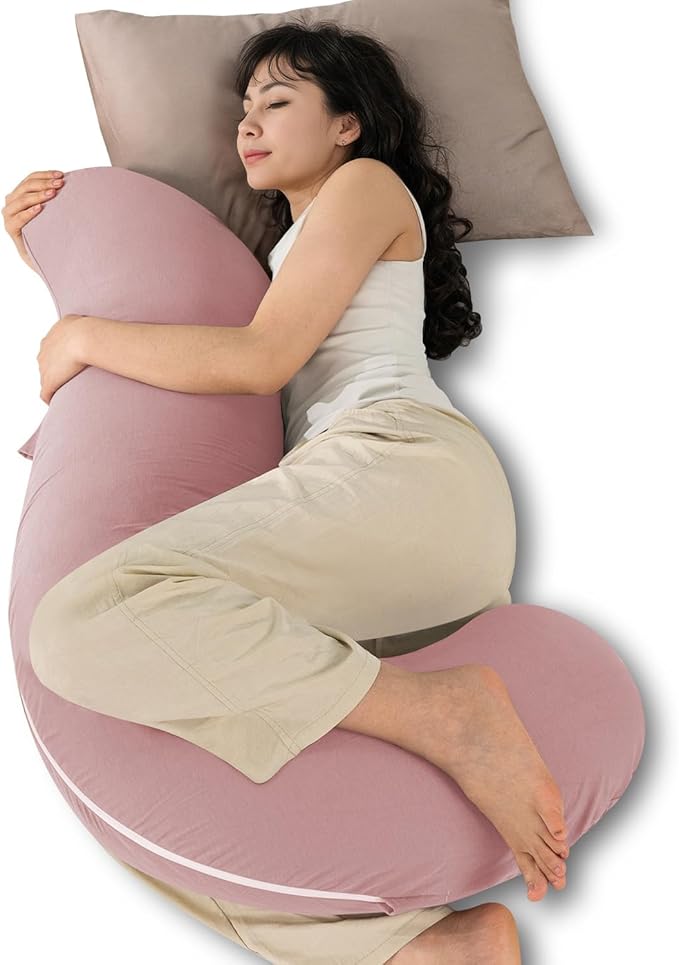 QUEEN ROSE Cooling Body Pillow, Full Body Support Pillow for Side Sleepers, Soft S Shaped Hug Pillow for Adults, with Removable Pillowcase, Pink