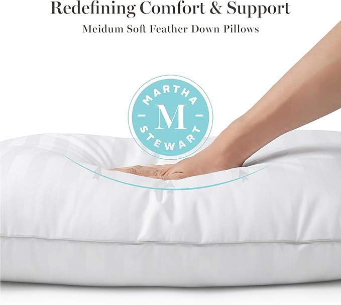 MARTHA STEWART Hotel Collection Meidum Soft Feather Down Pillows 100% Cotton 500 Thread Count Damask Stripe Embroidered, King Size Set of 2, White 2