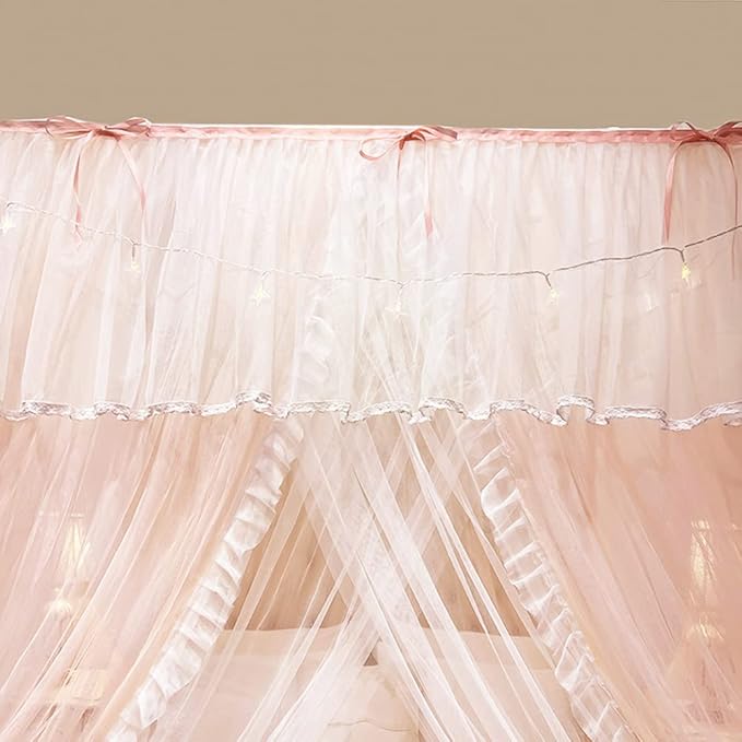 Mengersi Canopy Bed Curtains with Lights,4 Corner Bed Canopy Royal Luxurious Bed Drapes Netting,Princess Bed Curtains for Girls Adults Bedroom Decoration (Peach, Queen)