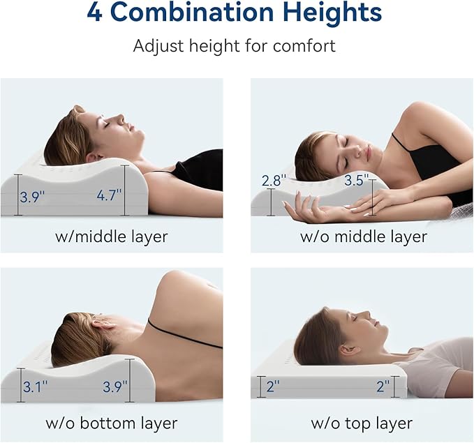 Memory Foam Contour Pillow, Cervical Adjustable Pillow, Sandwich Orthopedic Pillow for Neck Pain Relief, Ergonomic Memory Foam Neck Pillow for Side Sleepers, Queen Size