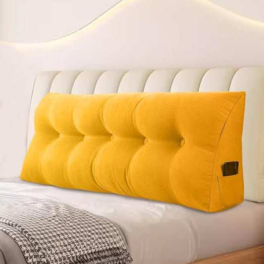 Large Triangular Headboard Pillows Long Backrest Positioning Support Bolster Cushion for Daybed Fluffy Quality Plush Body Wedge Pillow with Removable Cover(Light yellow-Queen-59x8x20in)