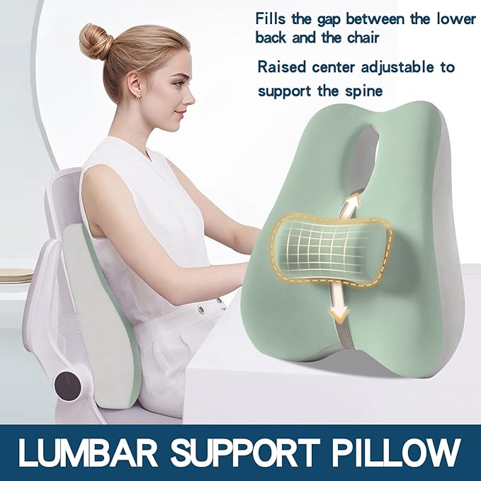 Lumbar Support Pillow for Office Chair Back Support Pillow for Car, Computer, Gaming Chair, Recliner Memory Foam Back Cushion for Improve Posture (Green)