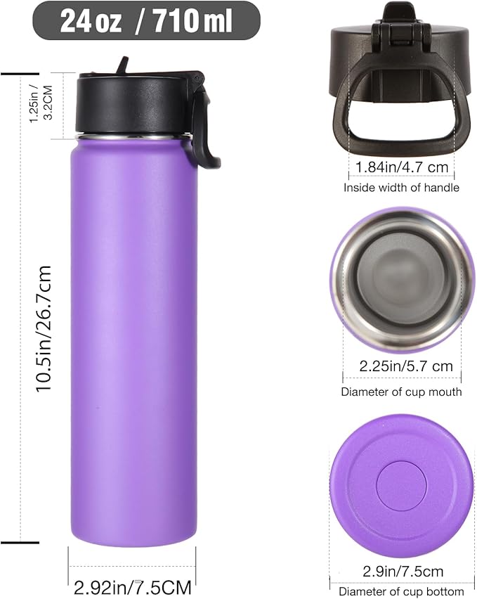 Volhoply 24oz Insulated Water Bottle With Straw Bulk 3 Pack,Metal Wide Mouth Water Bottles With Handle Lid,Reusable Double Wall Thermos,Powder Coated Sport Bottle For Holder(Lavender,3 Count)