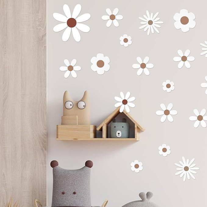 Daisy Wall Decals Flower Wall Stickers, Big Daisy Stickers Floral Decor Peel and Stick for Girls Kids Bedroom Nursery Playroom Living Room (White)