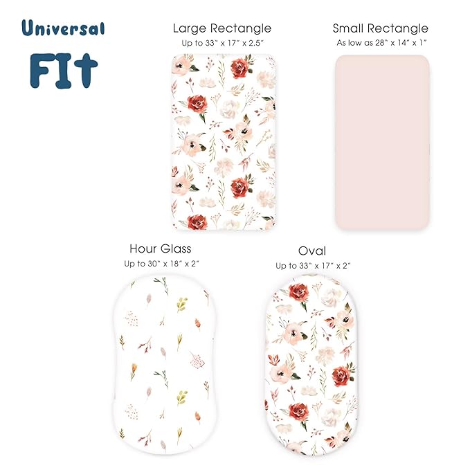Stretchy Ultra Soft Bassinet Fitted Sheets 3 Pack, Universal Fitted for Bassinets Oval Rectangle Mattress, Pretty Bassinet Sheets for Baby Girls, Watercolor Rose Flora Orange Pink