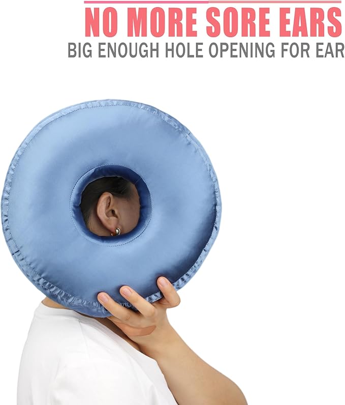 Satin Ear Piercing Pillow Removable Cover Luxury Cnh Pillow with Ear Holes for Ear Pain Side Sleepers Washable Large Donut Pillows Head Neck Support HazeBlue