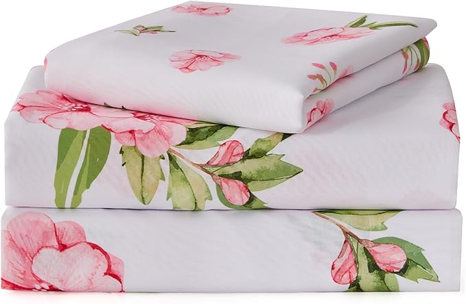 Twin Sheets Set White Pink Floral Bed Sheets Set Girls Cute Microfiber Cooling Sheets 3 Pieces Kids Twin Size Bed Set Wrinkle Free, 15 inch Deep Pocket Fitted Sheet, Flat Sheet, Pillowcase