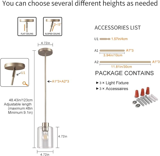 Brushed Nickel Pendant Lights Kitchen Island - Clear Glass Pendant Light Fixture Multiple Stems Rods 3 Units 12 Inch 3 Units 4 Inch (3 Pack Brushed Nickel)