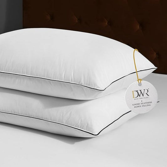 DWR Luxury Goose Feather Down Core Pillows Surrounded by Polyester - Set of 2 - King Size(20"x36") - Medium Firm - 100% Organic Cotton Cover