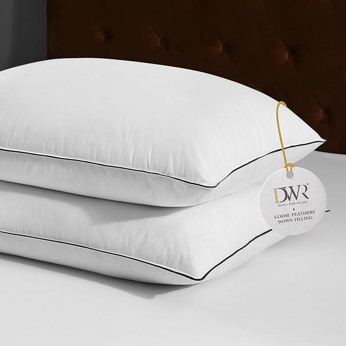 DWR Luxury Goose Feather Down Core Pillows Surrounded by Polyester - Set of 2 - Standard Size(20"x26") - Medium Firm - 100% Organic Cotton Cover