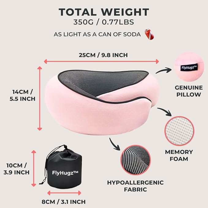FlyHugz™ Neck Travel Pillow | Memory Foam Neck Pillow for Comfort on Airplane | Compact and Ergonomic Design for Travel, Car Rides, and Home Use | Ideal for Adults and Kids (Pink)