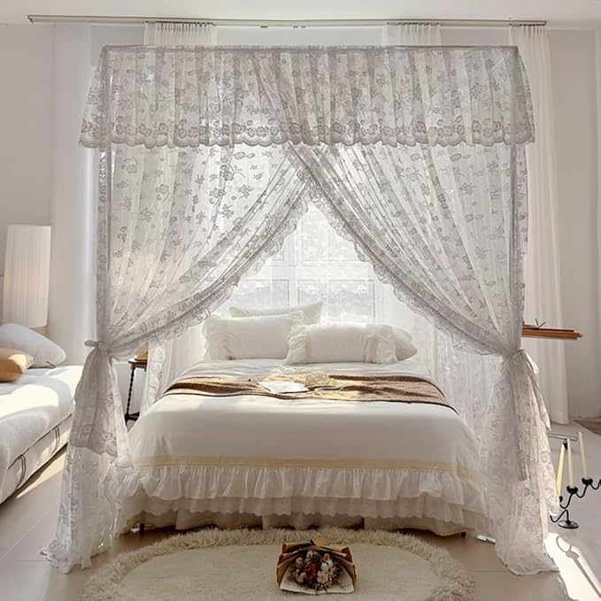 Elegant Princess 4 Corner Post Mosquito Net Romantic for Girls Women Bed Curtain Canopy for Adult Wedding Bedroom Kids Rooms Decoration (Type2-Beige-White, King)