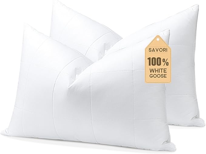 SAVORI Pack of 2 Goose Down Feather Pillows with 100% Cotton Cover, Soft Hotel Bed Pillow for Sleeping, Cooling Pillow for Back, Stomach or Side Sleepers, Queen Size-White 20x30 Inch