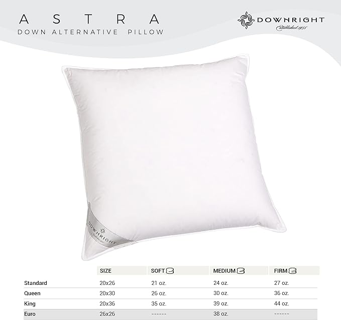 Downright 233 Thread Count 38 oz Astra LikeDown Pillow, 26" x 26", Euro 26 x 26, White