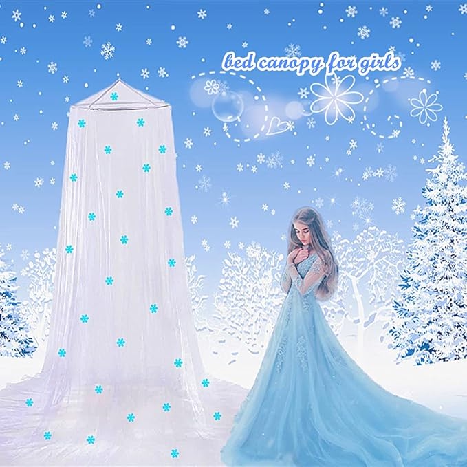 Eimilaly Princess Bed Canopy Glow in The Dark, Christmas Snowflakes Bed Canopy for Girls Room Decor, Encrypted Fabric, Blue
