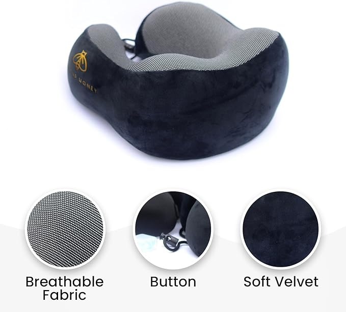 Travel Neck Pillow Memory Foam with Velvet Cover for Relaxing Journeys - Neck Pillow for Airplane,Car,Bus,Train,Comfortably Head Supports, Portable and Washable (Black)