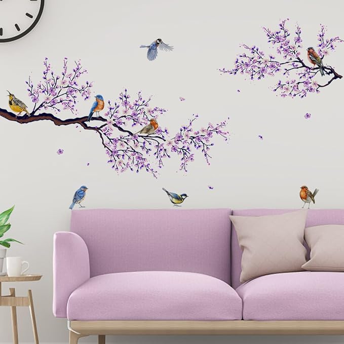 Birds On Tree Wall Decals Purple Flower Wall Stickers Colorful Birds Decals DIY Removable Colorful Flying Bird Tree Wall Art Decor for Kids Baby Bedroom Living Room Nursery Office