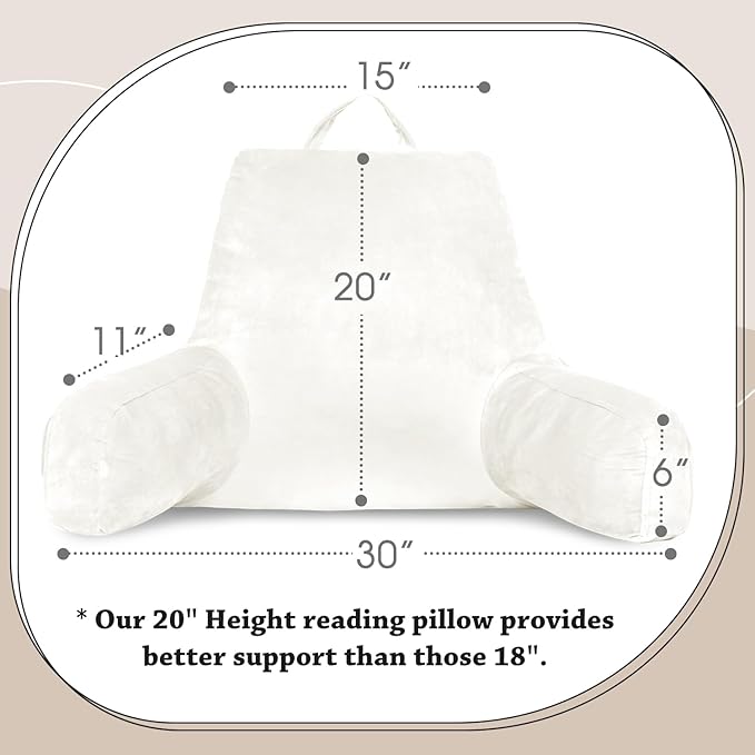 LOVTEX Reading Pillow with Removable Cover, Back Pillow for Sitting Up in Bed with Arms and Pockets, Bed Rest Pillow Adult, 20 x 15 Inches(White)