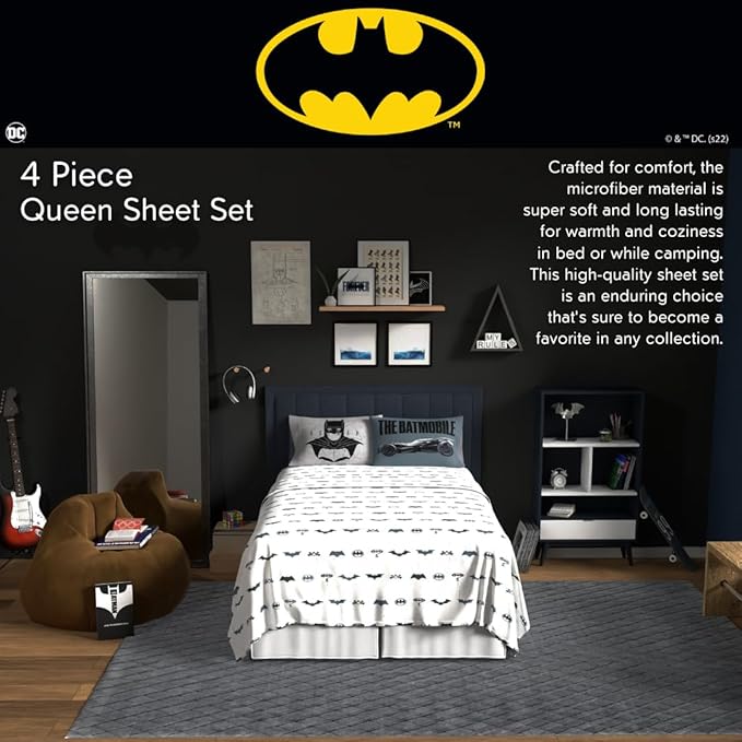 Franco Collectibles Batman Bedding Super Soft Microfiber Queen Sheet Set, College Dorm Essentials, (Officially Licensed Product)