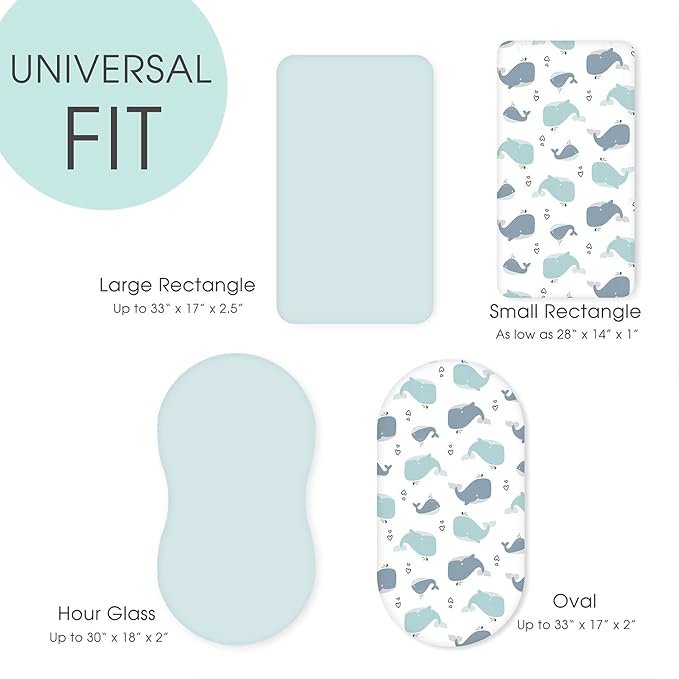 Stretchy Ultra Soft Fitted Bassinet Sheet Set 2 Pack, Universal Fit for Bassinets Baby Cradle Moses Basket Oval Rectangle Pad/Mattress, Lovely Whale Bassinet Sheets