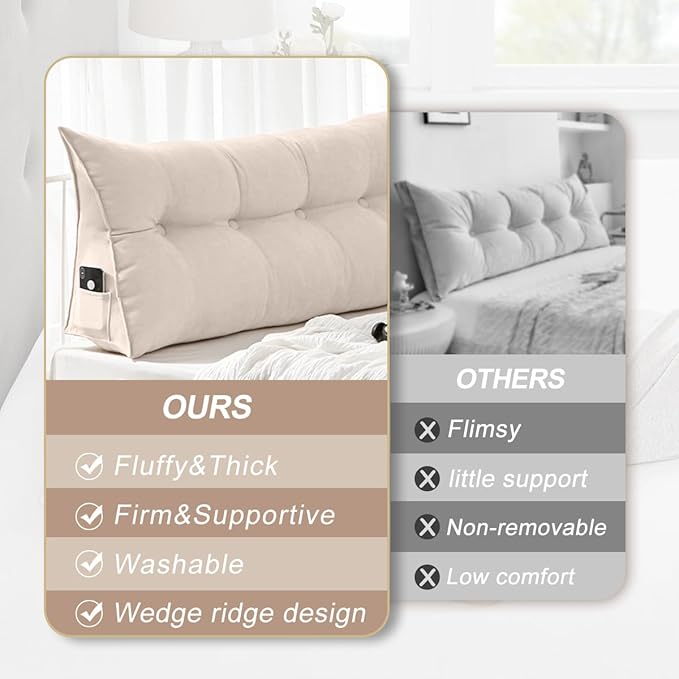Large Triangular Headboard Pillows Long Backrest Positioning Support Bolster Cushion for Daybed Fluffy Quality Plush Body Wedge Pillow with Removable Cover(White-Queen-59x8x20in)