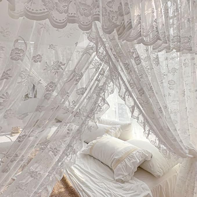 Elegant Princess 4 Corner Post Mosquito Net Romantic for Girls Women Bed Curtain Canopy for Adult Wedding Bedroom Kids Rooms Decoration (Type2-Beige-White, King)
