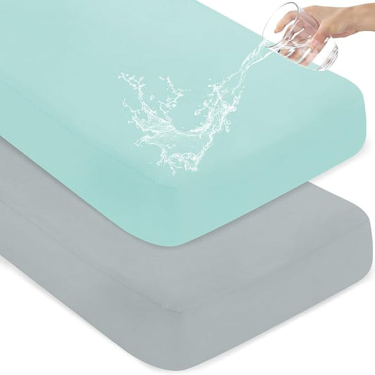 Waterproof Crib Sheets for Boys 2 Pack, Fitted Baby Crib Sheet Neutral 52" x 28" for Standard Crib and Toddler Bed Mattress, Soft and Breathable Kid Toddler Sheets for Boys or Girls, Grey & Aqua Blue