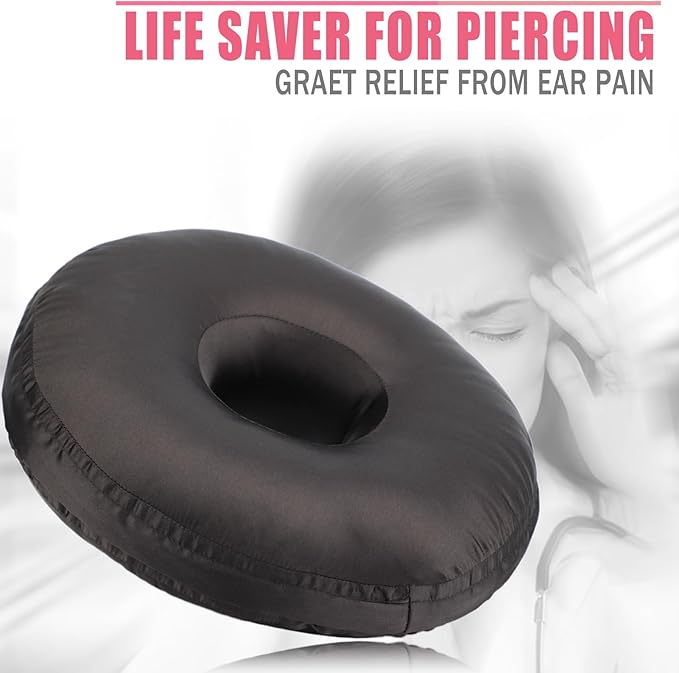 Satin Ear Piercing Pillow Removable Cover Luxury Cnh Pillow with Ear Holes for Ear Pain Side Sleepers Washable Large Donut Pillows Head Neck Support Black