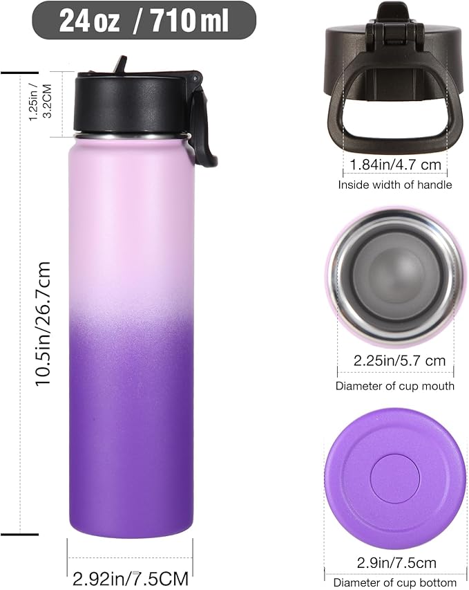 Volhoply 24oz Insulated Water Bottle With Straw Bulk 6 Pack,Metal Wide Mouth Water Bottles With Handle Keep Cold,Reusable Double Wall Thermos,Powder Coated Sport Bottle For Holder(Lavender,6 Count)