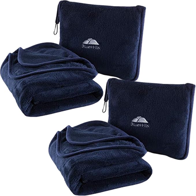 BlueHills Premium Soft 2-Pack Travel Blanket Pillows Airplane Large Plane Flight Throw Travel Blankets for Two in a Bag Compact Traveling Essentials Warm Travel Gifts Long Navy Blue T011