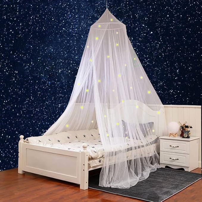 Bed Canopy Stars Romantic Bed Curtain Luminous Mosquito Net for Baby, Girl, for Twin or Single Bed (White)