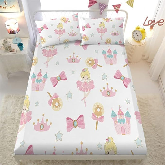Dancing Princess Fitted Sheet Set Full for Kids Girls Teens Castle Crown Pattern Bed Sheet 2 Piece 3D Print Pink Dreaming Style Sheet Set