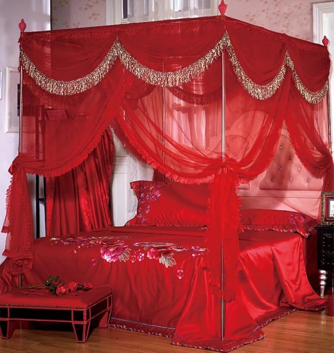 Mengersi Red Canopy Bed Curtains Bed Canopy,Four Corner Post Bed Curtains Elegant Bed Draperies Bedroom Decoration，Queen