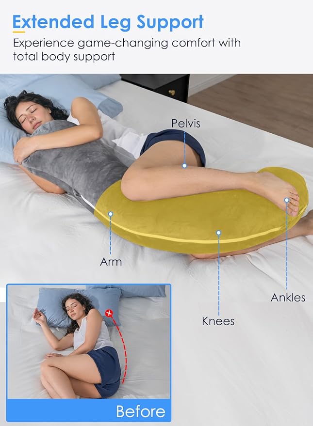 QUEEN ROSE Extra Soft Body Pillow, Full Body Support Pillow for Side Sleepers, Comfy S Shaped Hug Pillow for Adults, with Removable Pillowcase, Dark Grey