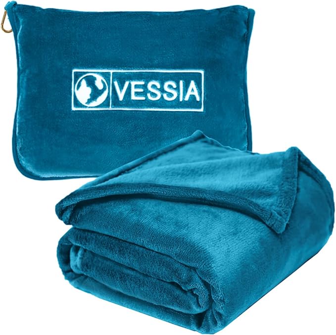 Vessia Travel Blanket for Airplane, Train and Car, Warm and Soft Travel Blanket in Bag for Adults and Kids, Portable Compact Long Flight Blanket with Luggage Sleeve, Backpack Clip(Lake Blue)
