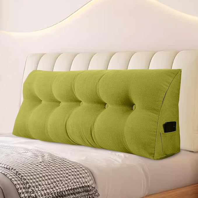 Large Triangular Headboard Pillows Long Backrest Positioning Support Bolster Cushion for Daybed Fluffy Quality Plush Body Wedge Pillow with Removable Cover(Yellow Green-24x8x20in)