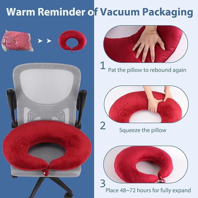 BBL Pillow After Surgery, BBL Pillow for Sitting Sleeping Driving, Hemorrhoid Pillow Seat Support Cushio for Butt with Hole, Butt Donut Pillow for Woman (Red)