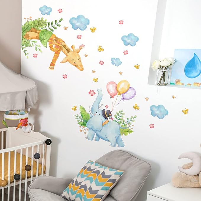 Cartoon Animal Wall Decals - Blue Elephant & Brown Giraffe with Balloons - 90x30cm Peel & Stick Design