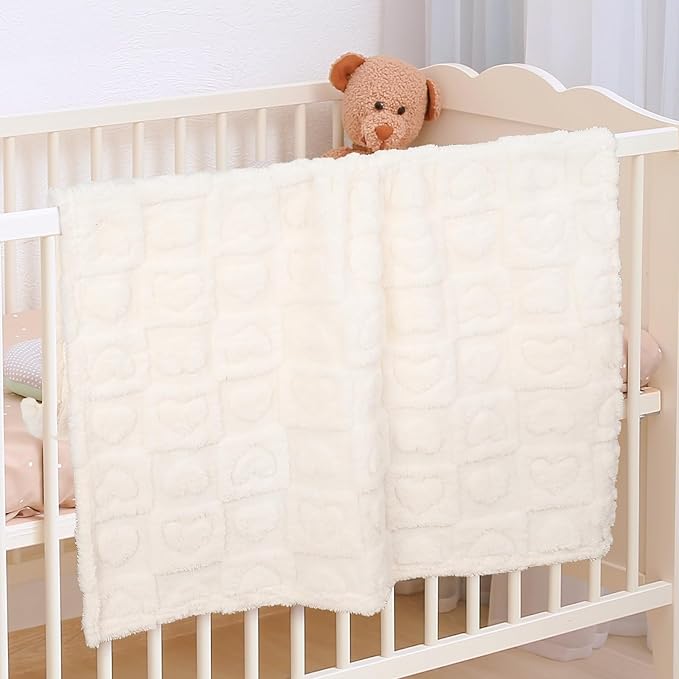 Plush Soft with Heart Checkered Baby Blanket,Fleece Infant Toddler Blankets for Girls Boys,Warm Lightweight Breathable Newborn Receiving Blankets for Crib Stroller 32"×37" (White, Heart)