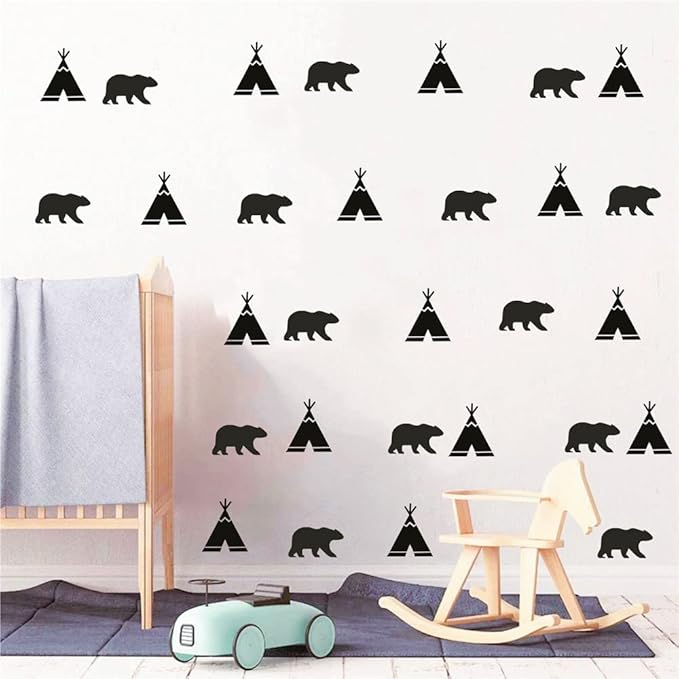 DIY 52 Pieces/Pack Tribal Tent and Bear Wall Decor Sticker for Kids Room Nursery Bedroom Baby Decoration Vinyl Wall Decal Mural AFN109 (Black)