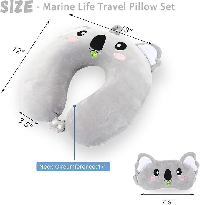 Travel Pillow, Kids Travel Pillow with Sleep Eye Mask Soft Memory Foam Kids Neck Pillow for Boys & Girls, Travel Accessories for Car Airplane Traveling - Koala