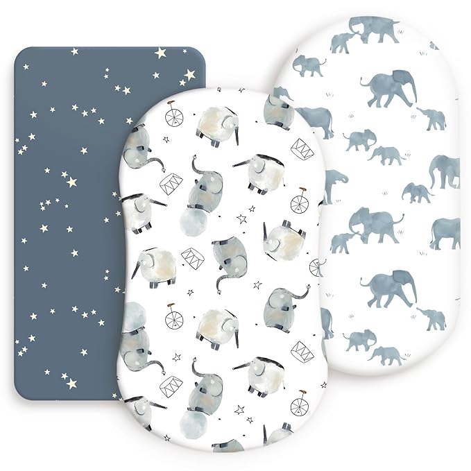 Stretchy Ultra Soft Fitted Bassinet Sheets Set 3 Pack, Universal Fit for Bassinets Baby Cradle Moses Basket Oval Rectangle Mattress Safe and Snug, Stylish Bassinet Sheet of Elephant Print