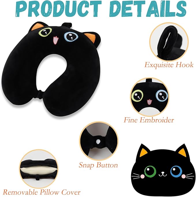 Kids Neck Pillow for Travel with Sleep Eye Mask, Cute Travel Neck Pillow, Memory Foam Cartoon Flight Sleeping Headrest Pillow for Boys & Girls, Airplane, Train, Car, Home Use - Smart Black Cat