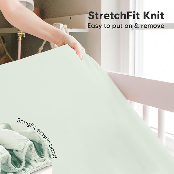 Pack and Play Sheets Fitted, 2-Pack Mini Crib Sheets - Pack N Play Sheets, Organic Fitted Crib Sheet for Pack and Play Mattress, Playard Baby Crib Sheets, Crib Sheets Neutral for Boys, Girls (Aloe)