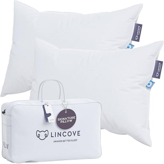 Lincove Signature 100% Canadian White Down Pillow - Luxury Sleeping Pillow for Back, Stomach & Side Sleepers - 800 Fill Power Bed Pillow, 500 Thread Count, Made in Canada, Standard - Firm, 2 Pack