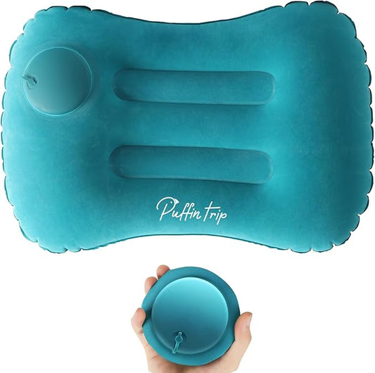 Ultralight Inflatable Travel Pillow Press to Inflate Compressible Ergonomic Neck and Lumbar Support While Camping Driving Sleeping Peacock Blue
